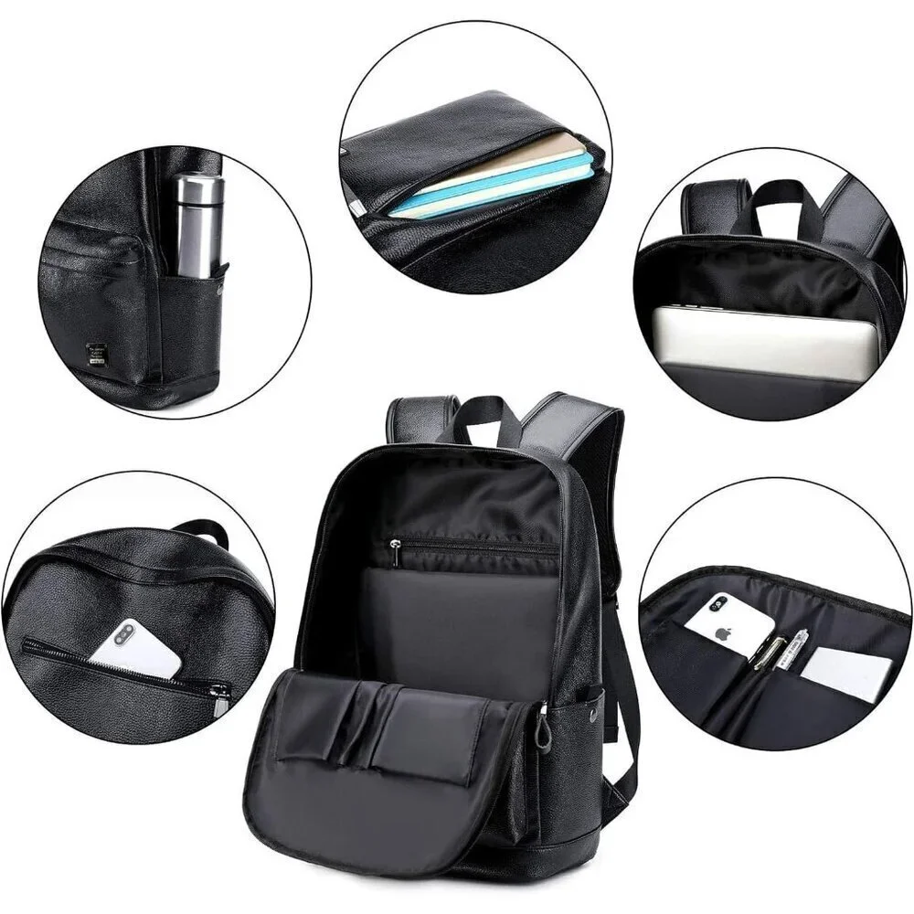 ✨Men Black Leather Laptop Backpack School College Bookbag Casual Travel Daypack